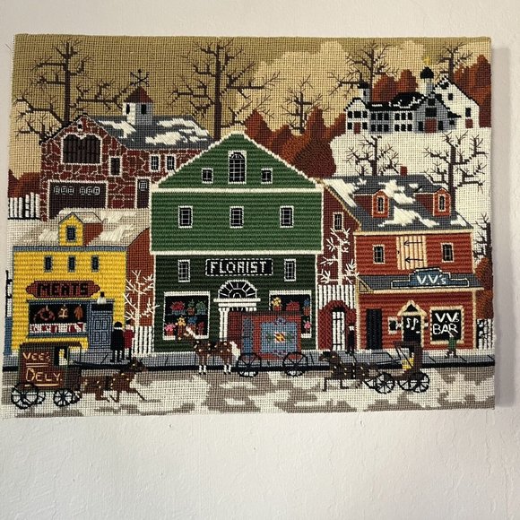 Vintage 1984 Main Street Store Front Needlepoint Handmade Cross Stitch Completed